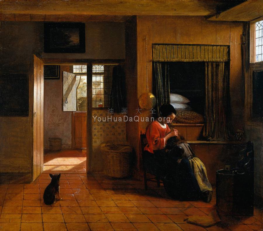 Interior with a Mother delousing her child's hair - 皮特尔·德·胡格